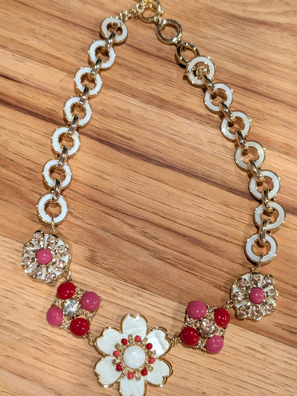 Talbots Gold-Tone White Enamel & Pink-Red Floral Necklace